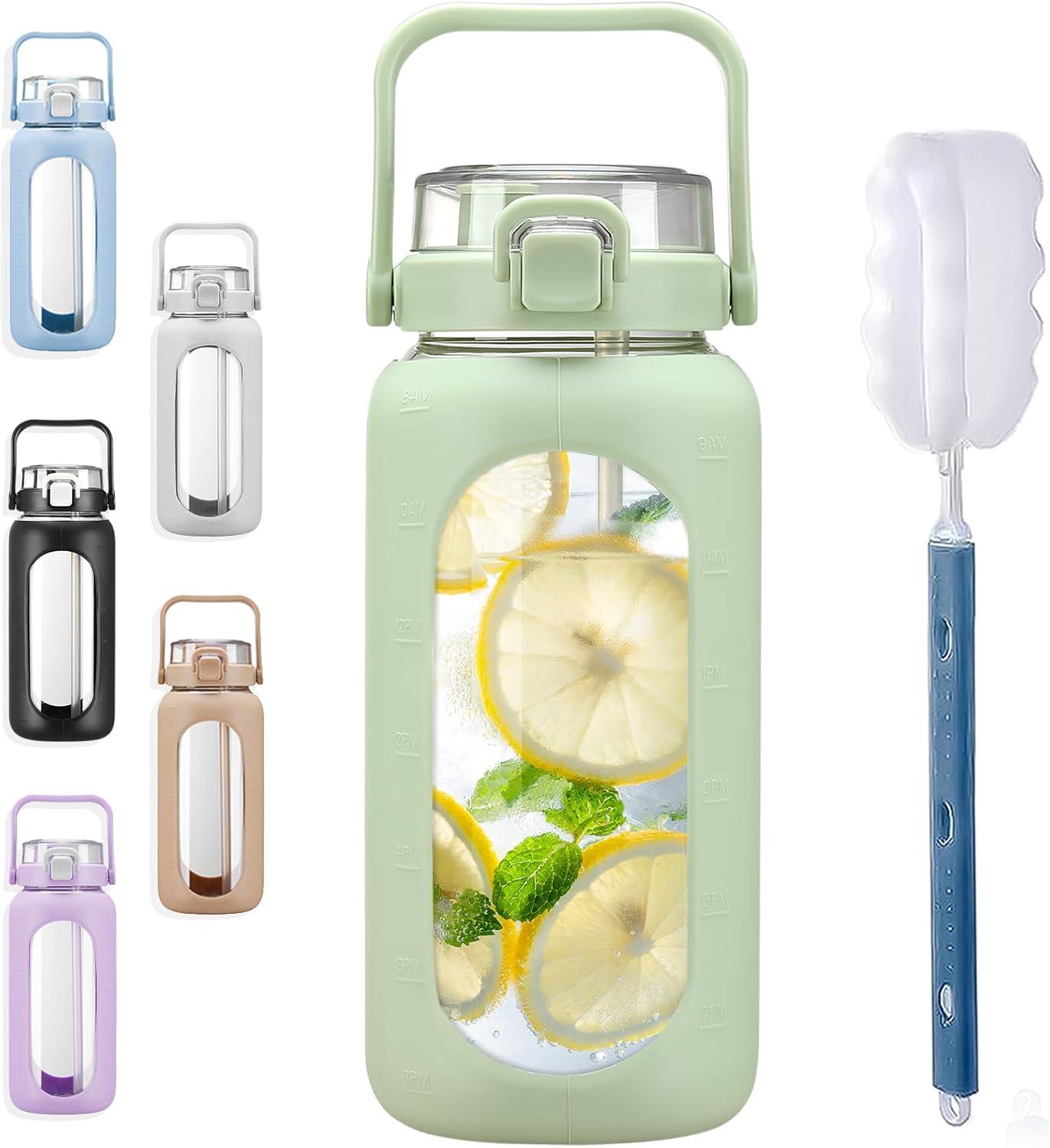 image:imageBLUEGO 960ml Gourd en verre Avec paille Marqueur de temps Bouteille deau Motivation avec manchon en silicone 1 litre Grande carafe deau en Verre pour Gym sports et entranement NoirVert
