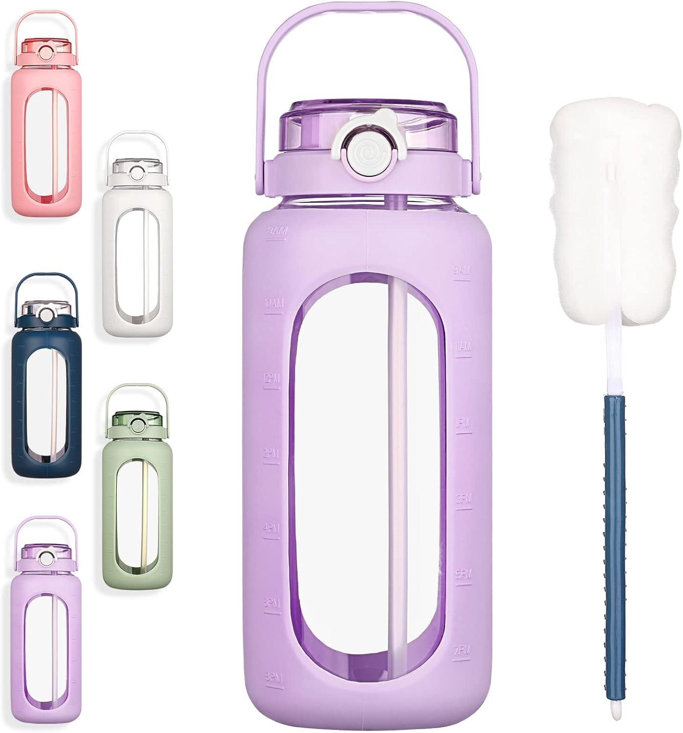 image:imageBLUEGO 960ml Gourd en verre Avec paille Marqueur de temps Bouteille deau Motivation avec manchon en silicone 1 litre Grande carafe deau en Verre pour Gym sports et entranement NoirViolet