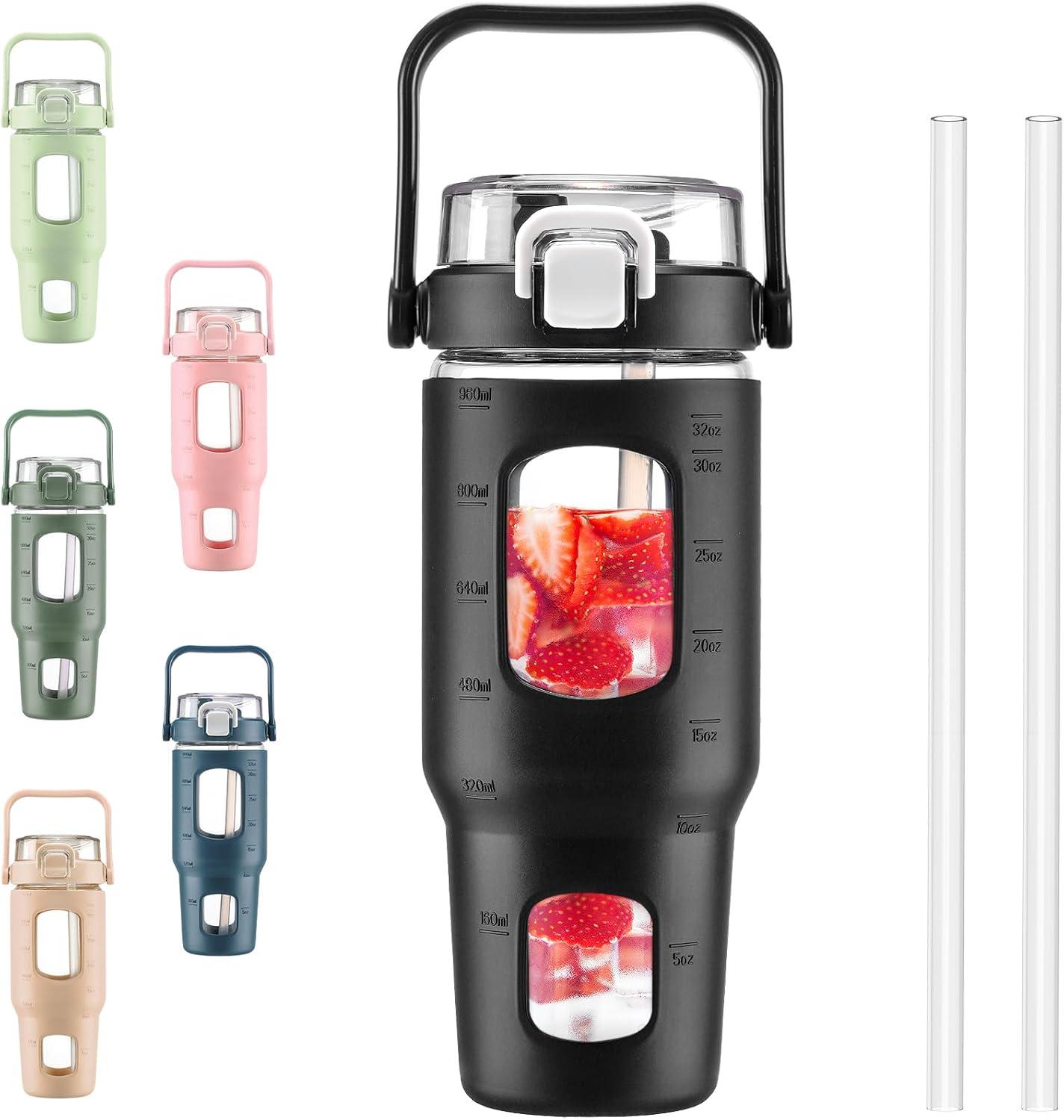 image:imageBLUEGO 960ml Gourd en verre Avec paille Marqueur de temps Bouteille deau Motivation avec manchon en silicone 1 litre Grande carafe deau en Verre pour Gym sports et entranement NoirNoir