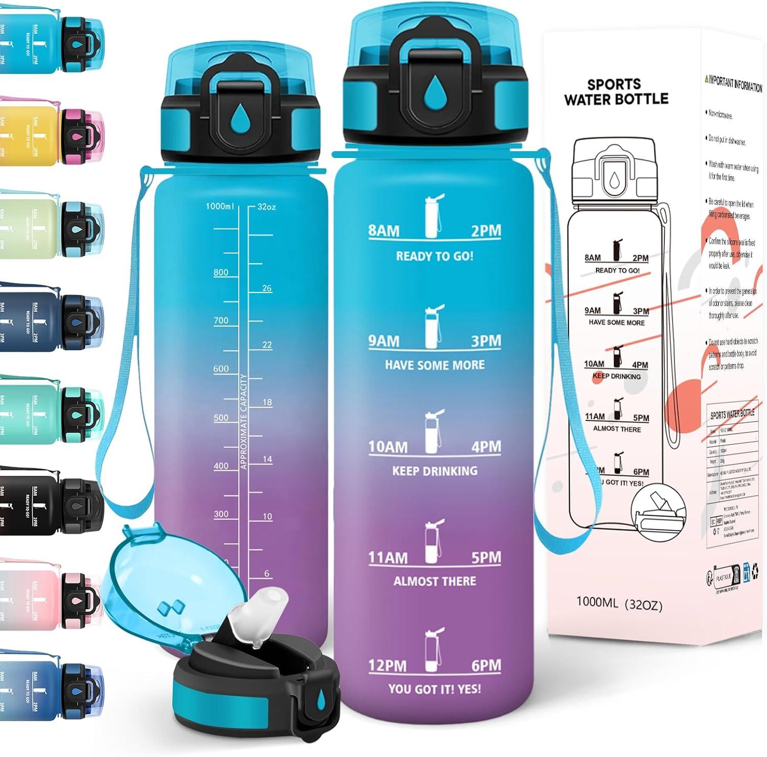 image:imageMotswedi Gourde Enfant 500ml avec Paille Gourde Sport Rutilisable AntiFuite Bouteille avec Marqueur de Temps Bouteille deau pour cole Fitness Yoga Sport Bleu vert 3245CBleu Violet