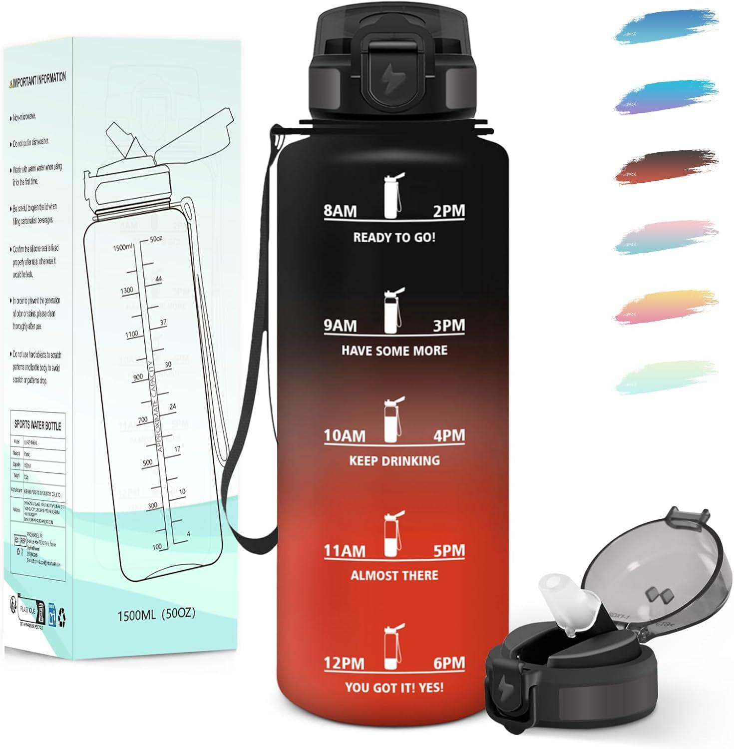 image:imageMotswedi Gourde Enfant 500ml avec Paille Gourde Sport Rutilisable AntiFuite Bouteille avec Marqueur de Temps Bouteille deau pour cole Fitness Yoga Sport Bleu vert 3245CNoir Rouge