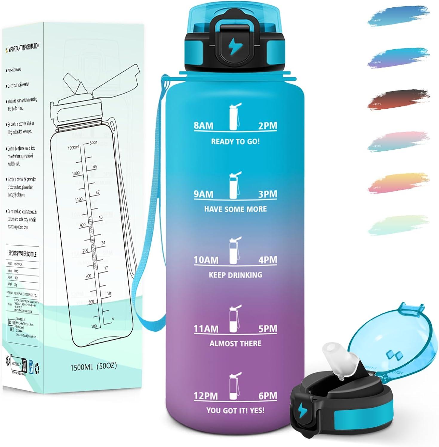 image:imageMotswedi Gourde Enfant 500ml avec Paille Gourde Sport Rutilisable AntiFuite Bouteille avec Marqueur de Temps Bouteille deau pour cole Fitness Yoga Sport Bleu vert 3245CBleu Violet