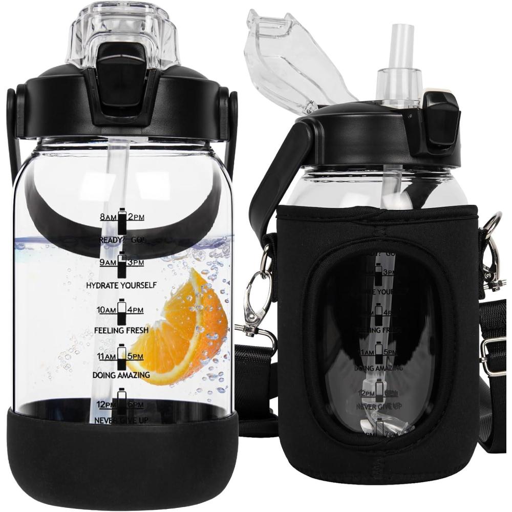 image:image15 litre Sport Gourde deau Avec Paille et Temps Motivation Marqueur 15l Grande Bouteille deau Verre Avec Sans BPA Pour le Gym Bureau Fitness CampingNoir