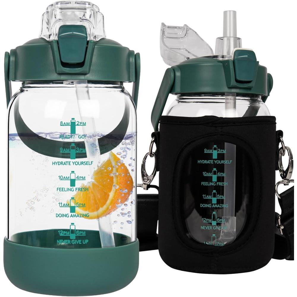 image:image15 litre Sport Gourde deau Avec Paille et Temps Motivation Marqueur 15l Grande Bouteille deau Verre Avec Sans BPA Pour le Gym Bureau Fitness CampingVert
