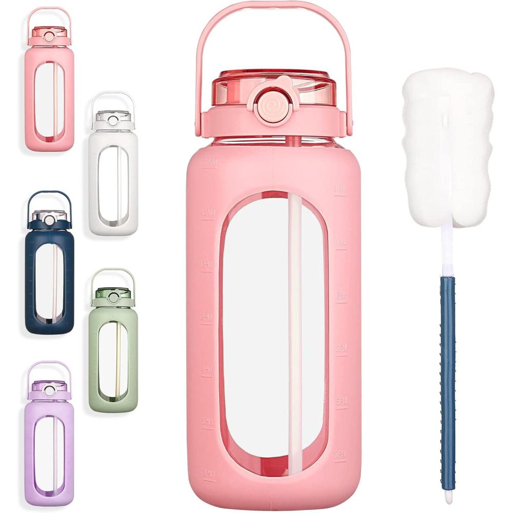 image:imageBLUEGO 960ml Gourd en verre Avec paille Marqueur de temps Bouteille deau Motivation avec manchon en silicone 1 litre Grande carafe deau en Verre pour Gym sports et entranement NoirRose