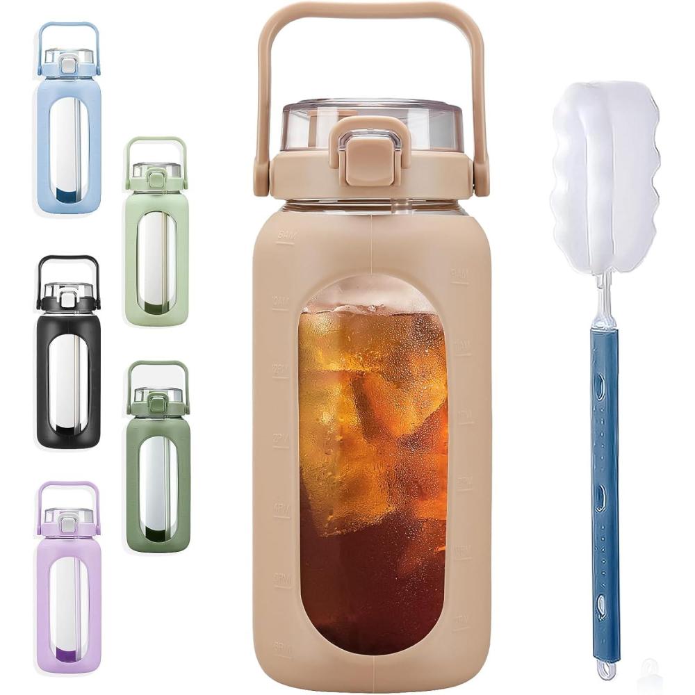 image:imageBLUEGO 960ml Gourd en verre Avec paille Marqueur de temps Bouteille deau Motivation avec manchon en silicone 1 litre Grande carafe deau en Verre pour Gym sports et entranement NoirAmbre