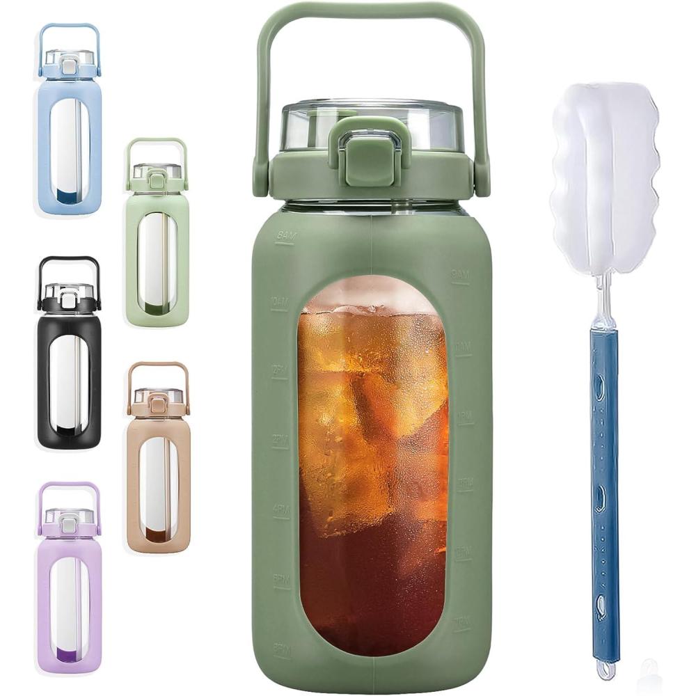 image:imageBLUEGO 960ml Gourd en verre Avec paille Marqueur de temps Bouteille deau Motivation avec manchon en silicone 1 litre Grande carafe deau en Verre pour Gym sports et entranement NoirOlive 02