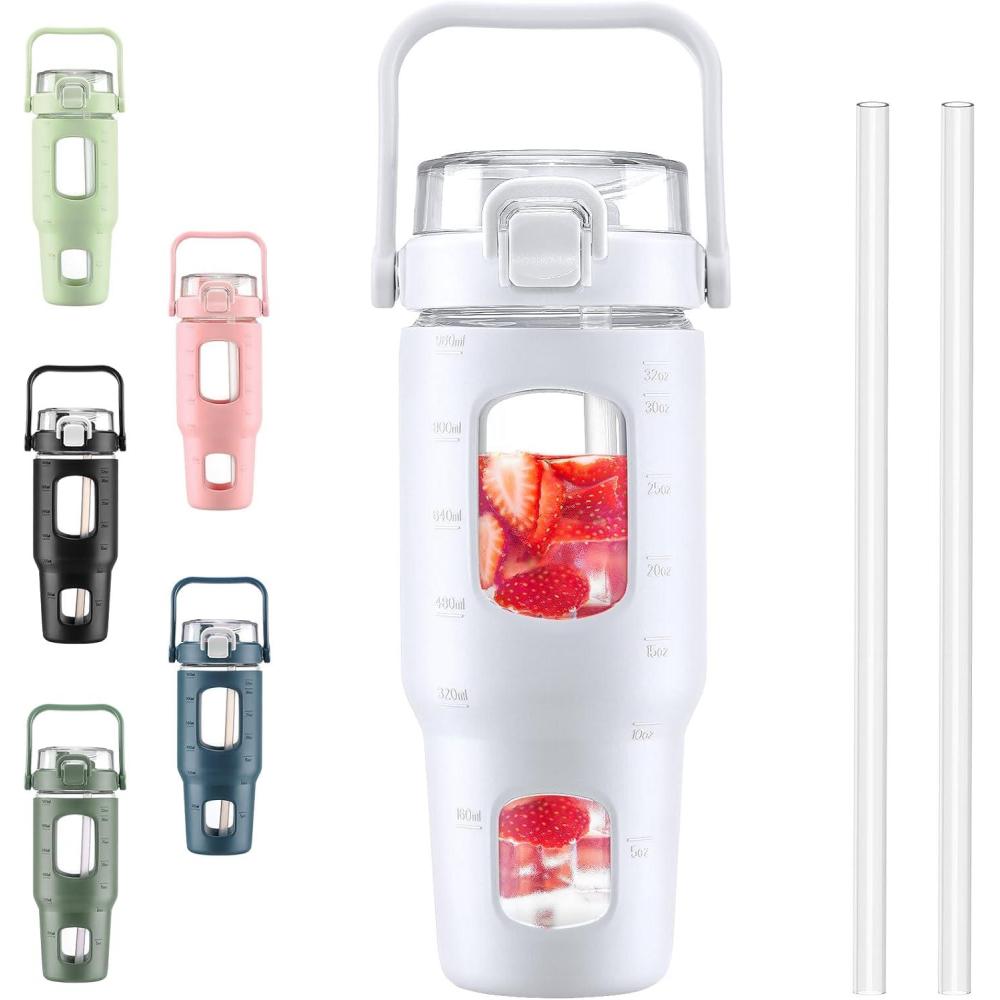 image:imageBLUEGO 960ml Gourd en verre Avec paille Marqueur de temps Bouteille deau Motivation avec manchon en silicone 1 litre Grande carafe deau en Verre pour Gym sports et entranement NoirBlanc