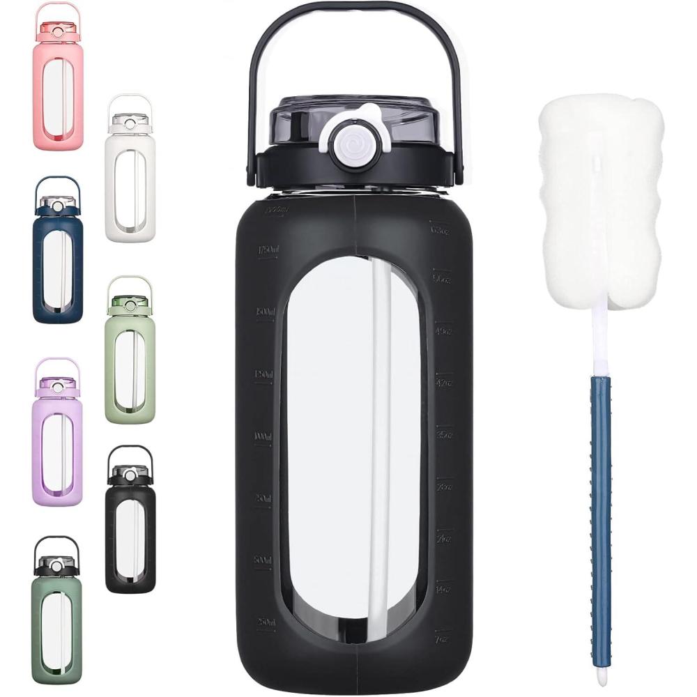 image:imageBLUEGO 960ml Gourd en verre Avec paille Marqueur de temps Bouteille deau Motivation avec manchon en silicone 1 litre Grande carafe deau en Verre pour Gym sports et entranement NoirNoir