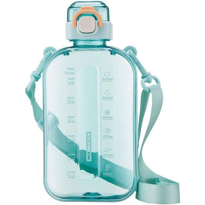 image:imageBouteille dEau Plate de 750 ml Bouteille dEau de Sport pour lExtrieur avec Bouchon Ouverture en un Clic Bouteille de Voyage avec Marqueur de Temps et Sangle pour Sport et Fitness CyanCyan