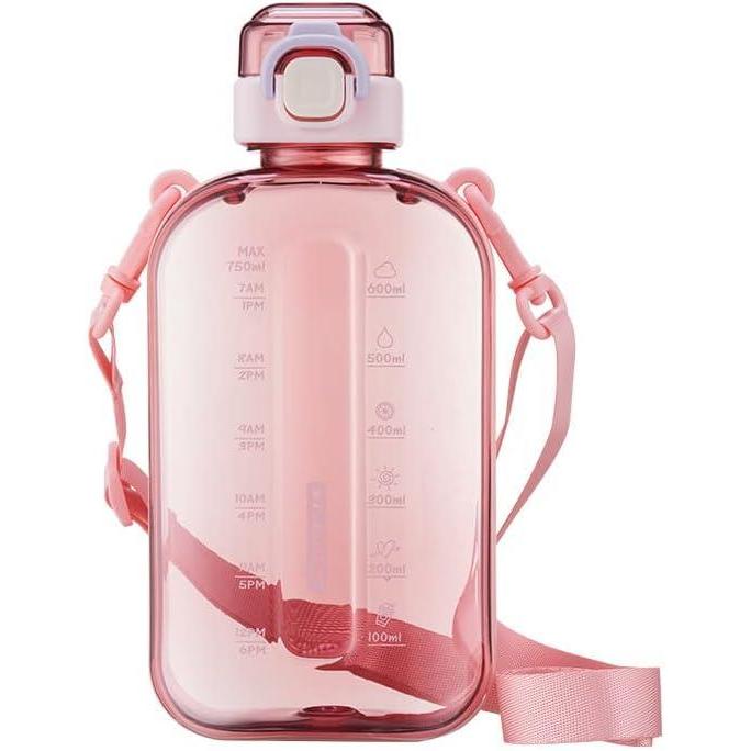 image:imageBouteille dEau Plate de 750 ml Bouteille dEau de Sport pour lExtrieur avec Bouchon Ouverture en un Clic Bouteille de Voyage avec Marqueur de Temps et Sangle pour Sport et Fitness CyanRose