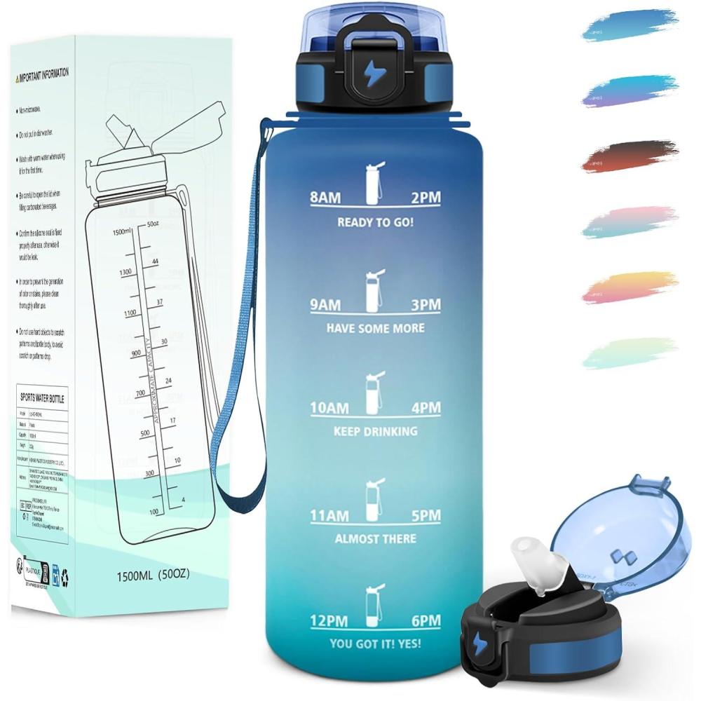 image:imageMotswedi Gourde Enfant 500ml avec Paille Gourde Sport Rutilisable AntiFuite Bouteille avec Marqueur de Temps Bouteille deau pour cole Fitness Yoga Sport Bleu vert 3245CBleu Vert
