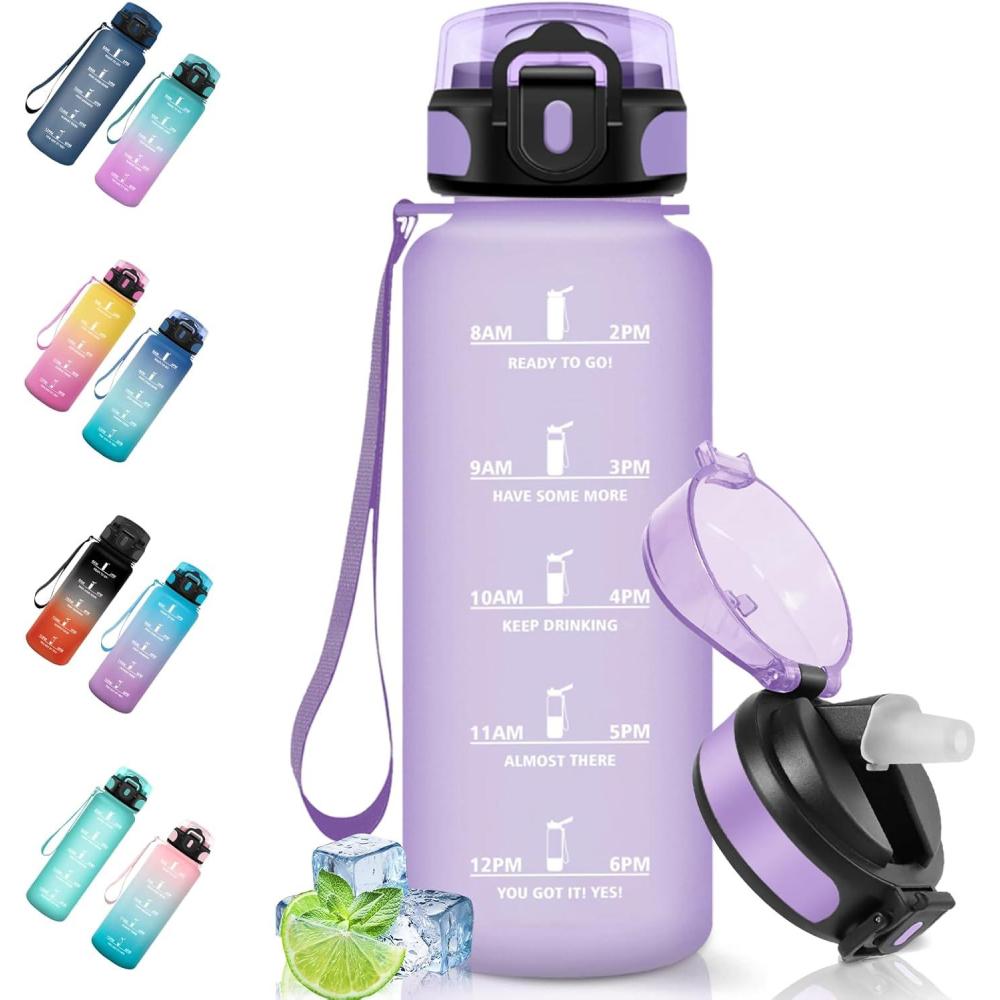 image:imageMotswedi Gourde Sport 15L AntiFuite Gourde Paille Sans BPA Gourde avec Paille Rutilisable Gourde Facile Transporter Bouteille deau pour Cyclisme Fitness Yoga Camping Noir RougeViolet Clair1500ml