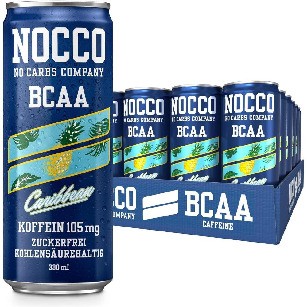 image:imageNOCCO BCAA Energy Drink Pack de 24 Boisson nergisante vgtalienne sans sucre avec cafine vitamines et acides amins Ananas des Carabes 24 x 330 ml avec caution Carabes