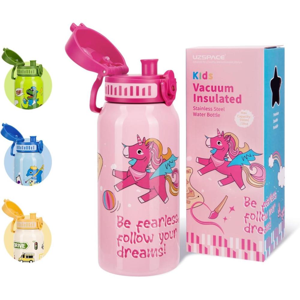 image:imageUZSPACE Bouteille deau pour enfant en acier inoxydable  Antifuite  550 ml  Pour lcole la crche  Isotherme  double paroi  Utilisation  une main  Pour le sport lextrieur le quotidienLicorne Rose