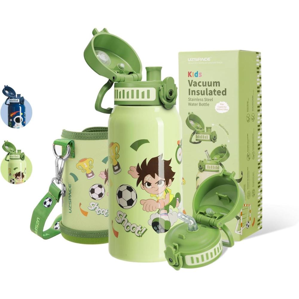 image:imageUZSPACE Bouteille deau pour enfant en acier inoxydable  Antifuite  550 ml  Pour lcole la crche  Isotherme  double paroi  Utilisation  une main  Pour le sport lextrieur le quotidienFootball Vert