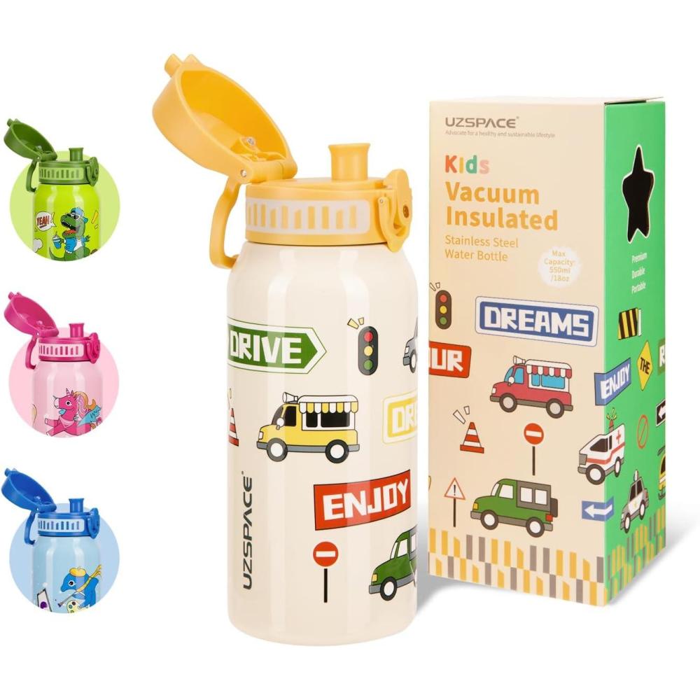 image:imageUZSPACE Bouteille deau pour enfant en acier inoxydable Antifuite 550 ml Pour lcole la crche Isotherme double paroi Utilisation une main Pour le sport lextrieur le quotidienVoiture Jaune