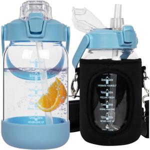 1.5 litre Sport Gourde d&rsquo;eau Avec Paille et Temps Motivation Marqueur, 1.5l Grande Bouteille d&rsquo;eau Verre Avec Sans BPA Pour le Gym Bureau Fitness Camping(Bleu)