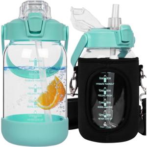 1.5 litre Sport Gourde d&rsquo;eau Avec Paille et Temps Motivation Marqueur, 1.5l Grande Bouteille d&rsquo;eau Verre Avec Sans BPA Pour le Gym Bureau Fitness Camping(Vert Clair)