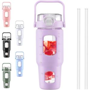 BLUEGO 960ml Gourd en verre Avec paille Marqueur de temps Bouteille d&rsquo;eau Motivation avec manchon en silicone 1 litre Grande carafe d&rsquo;eau en Verre pour Gym, sports et entraînement, Noir(Violet)