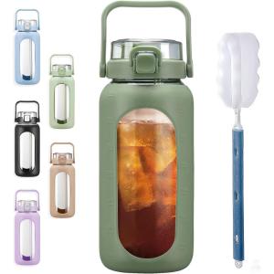 BLUEGO 960ml Gourd en verre Avec paille Marqueur de temps Bouteille d&rsquo;eau Motivation avec manchon en silicone 1 litre Grande carafe d&rsquo;eau en Verre pour Gym, sports et entraînement, Noir(Olive 02)