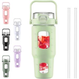 BLUEGO 960ml Gourd en verre Avec paille Marqueur de temps Bouteille d&rsquo;eau Motivation avec manchon en silicone 1 litre Grande carafe d&rsquo;eau en Verre pour Gym, sports et entraînement, Noir(Vert)