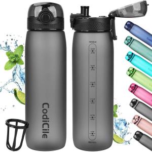 CodiCile Gourde 1L, Bouteille d&rsquo;eau 1L Sans BPA, Gourde de 1 litre étanche, Bouteille de sport en tritan avec filtre pour le fitness, la course, l&rsquo;école, l&rsquo;extérieur – Rose rouge(Noir)