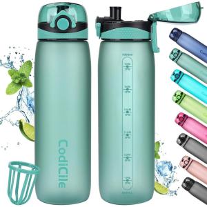 CodiCile Gourde 1L, Bouteille d&rsquo;eau 1L Sans BPA, Gourde de 1 litre étanche, Bouteille de sport en tritan avec filtre pour le fitness, la course, l&rsquo;école, l&rsquo;extérieur – Rose rouge(Vert Clair)