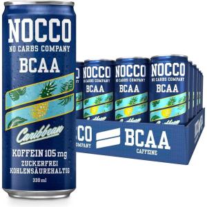 NOCCO BCAA Energy Drink Pack de 24 – Boisson énergisante végétalienne sans sucre avec caféine, vitamines et acides aminés – Ananas des Caraïbes, 24 x 330 ml avec caution (Caraïbes)