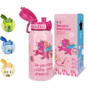 UZSPACE Bouteille d&rsquo;eau pour enfant en acier inoxydable – Anti-fuite – 550 ml – Pour l&rsquo;école, la crèche – Isotherme à double paroi – Utilisation à une main – Pour le sport, l&rsquo;extérieur, le quotidien(Licorne Rose)