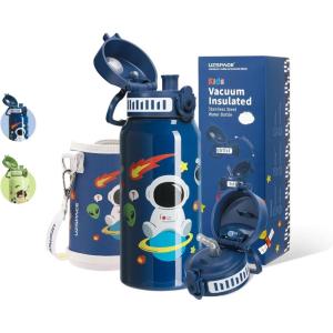 UZSPACE Bouteille d&rsquo;eau pour enfant en acier inoxydable – Anti-fuite – 550 ml – Pour l&rsquo;école, la crèche – Isotherme à double paroi – Utilisation à une main – Pour le sport, l&rsquo;extérieur, le quotidien(Espace Naval)