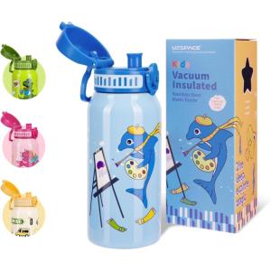 UZSPACE Bouteille d&rsquo;eau pour enfant en acier inoxydable – Anti-fuite – 550 ml – Pour l&rsquo;école, la crèche – Isotherme à double paroi – Utilisation à une main – Pour le sport, l&rsquo;extérieur, le quotidien(Dauphin Bleu)