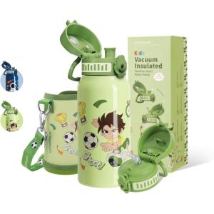 UZSPACE Bouteille d&rsquo;eau pour enfant en acier inoxydable – Anti-fuite – 550 ml – Pour l&rsquo;école, la crèche – Isotherme à double paroi – Utilisation à une main – Pour le sport, l&rsquo;extérieur, le quotidien(Football Vert)