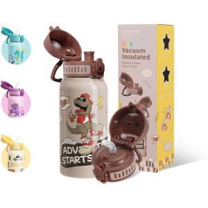 UZSPACE Bouteille d&rsquo;eau pour enfant en acier inoxydable – Anti-fuite – 550 ml – Pour l&rsquo;école, la crèche – Isotherme à double paroi – Utilisation à une main – Pour le sport, l&rsquo;extérieur, le quotidien(Marron)