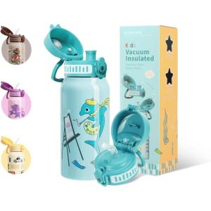 UZSPACE Bouteille d&rsquo;eau pour enfant en acier inoxydable – Anti-fuite – 550 ml – Pour l&rsquo;école, la crèche – Isotherme à double paroi – Utilisation à une main – Pour le sport, l&rsquo;extérieur, le quotidien(Bleu-vert)