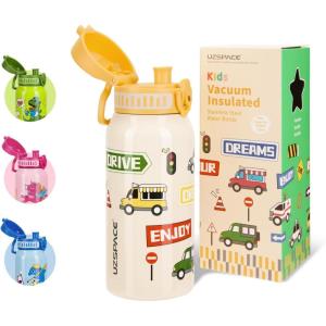 UZSPACE Bouteille d&rsquo;eau pour enfant en acier inoxydable – Anti-fuite – 550 ml – Pour l&rsquo;école, la crèche – Isotherme à double paroi – Utilisation à une main – Pour le sport, l&rsquo;extérieur, le quotidien(Voiture Jaune)