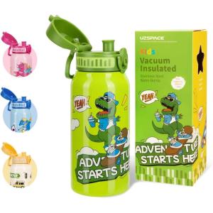 UZSPACE Bouteille d&rsquo;eau pour enfant en acier inoxydable – Anti-fuite – 550 ml – Pour l&rsquo;école, la crèche – Isotherme à double paroi – Utilisation à une main – Pour le sport, l&rsquo;extérieur, le quotidien(Dinosaure Vert)