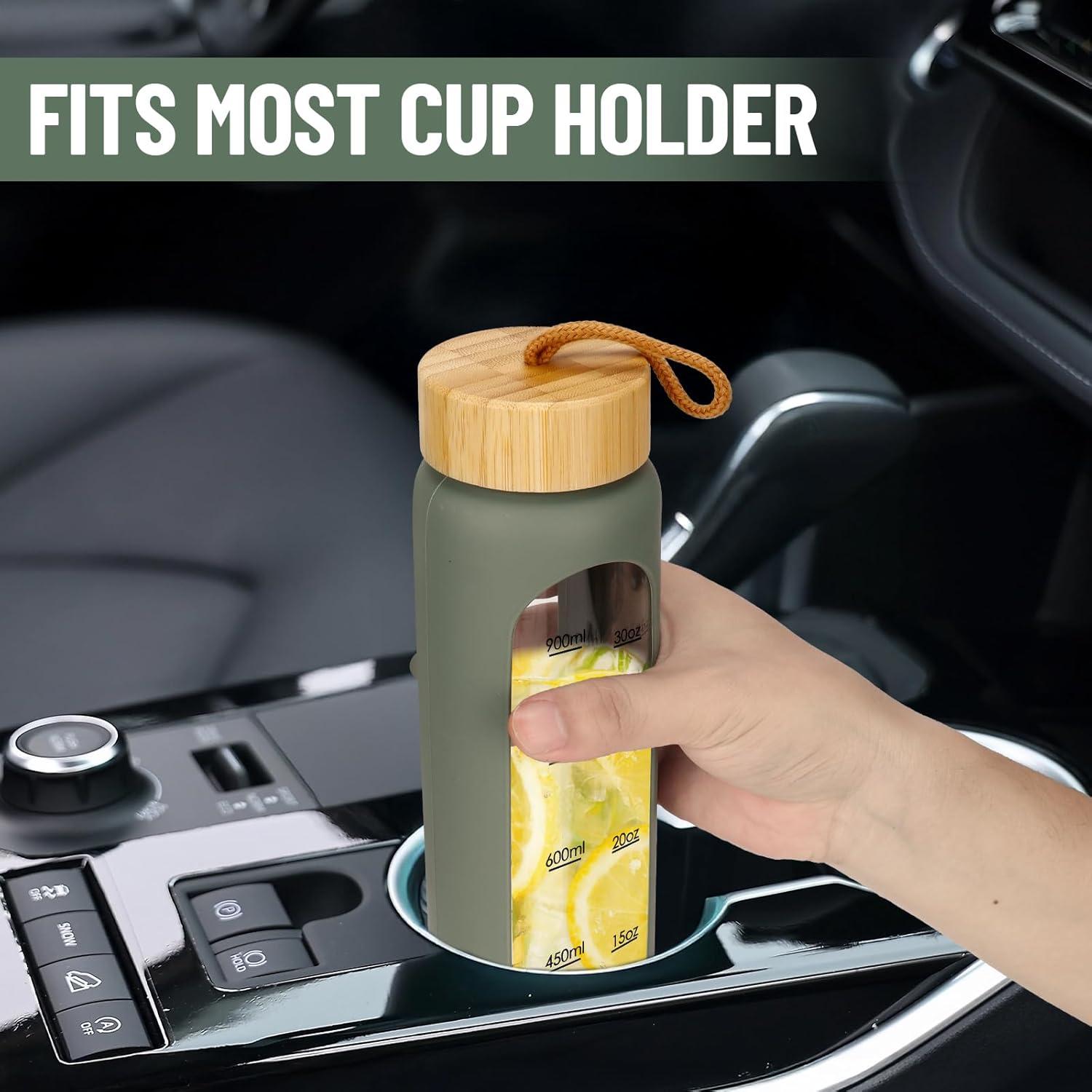 image:image1000ml Bouteille Deau en Verre avec 2 Couvercles en BambouGourde en Verre HermtiqueMotivation Bouteille avec Marqueur de Temps et Protecteur en Silicone pour SportCampingVoyage Sans BPA
