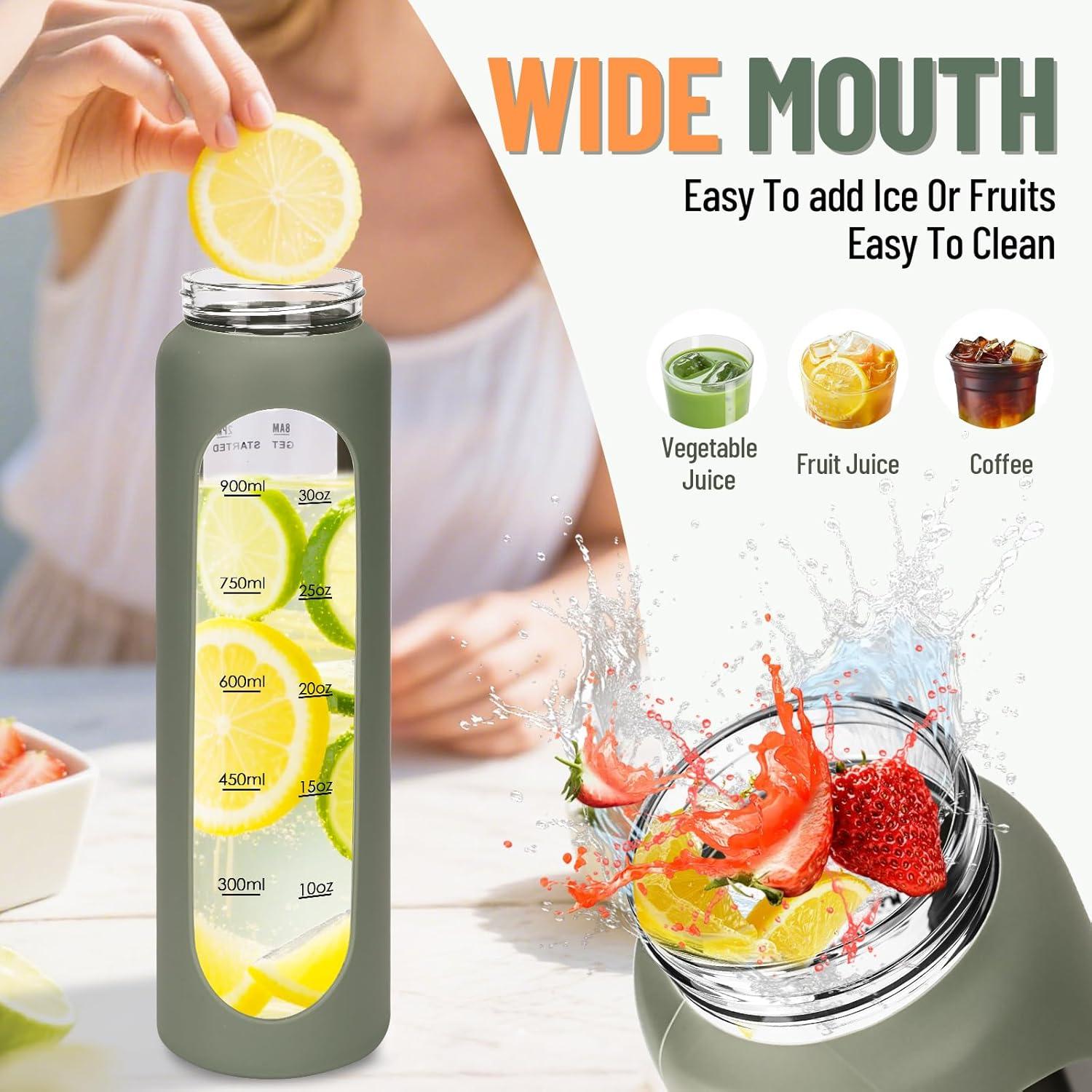 image:image1000ml Bouteille Deau en Verre avec 2 Couvercles en BambouGourde en Verre HermtiqueMotivation Bouteille avec Marqueur de Temps et Protecteur en Silicone pour SportCampingVoyage Sans BPA