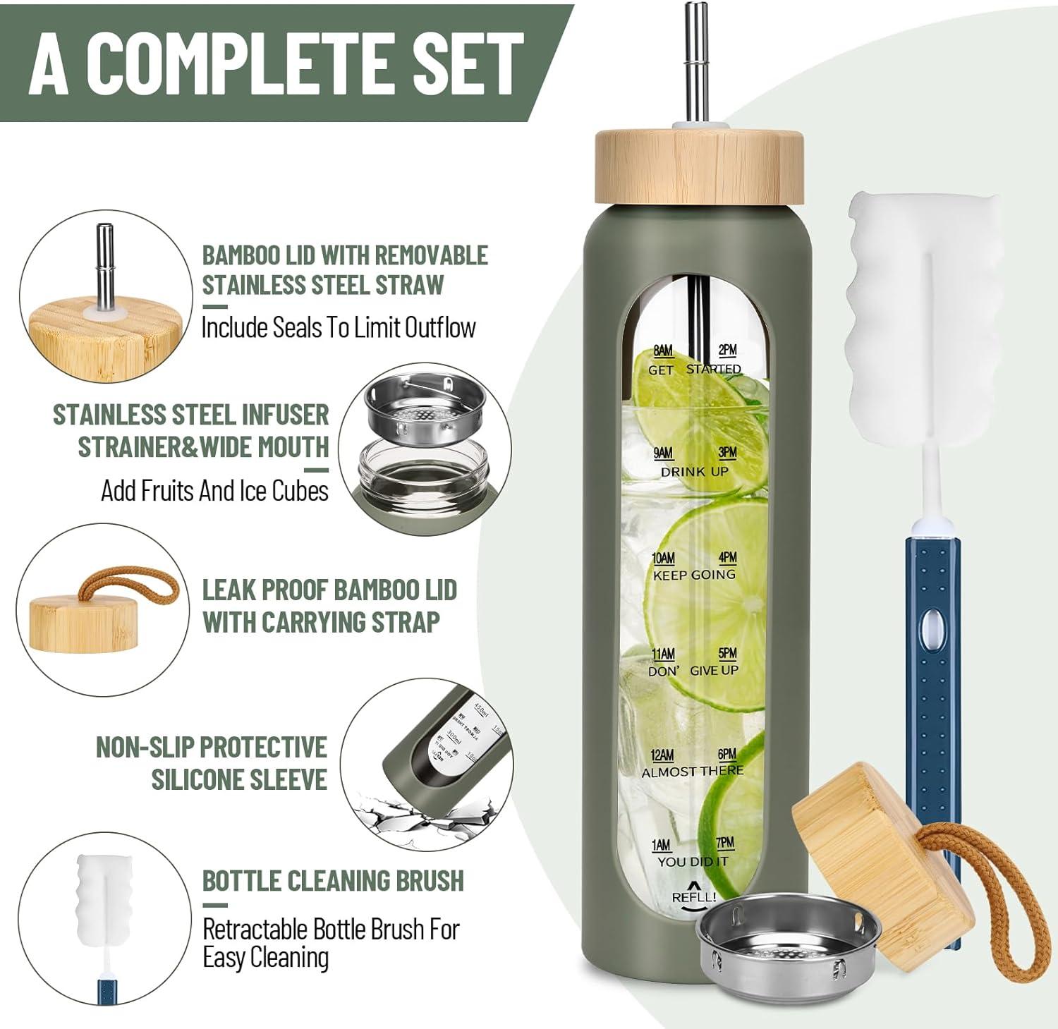 image:image1000ml Bouteille Deau en Verre avec 2 Couvercles en BambouGourde en Verre HermtiqueMotivation Bouteille avec Marqueur de Temps et Protecteur en Silicone pour SportCampingVoyage Sans BPA