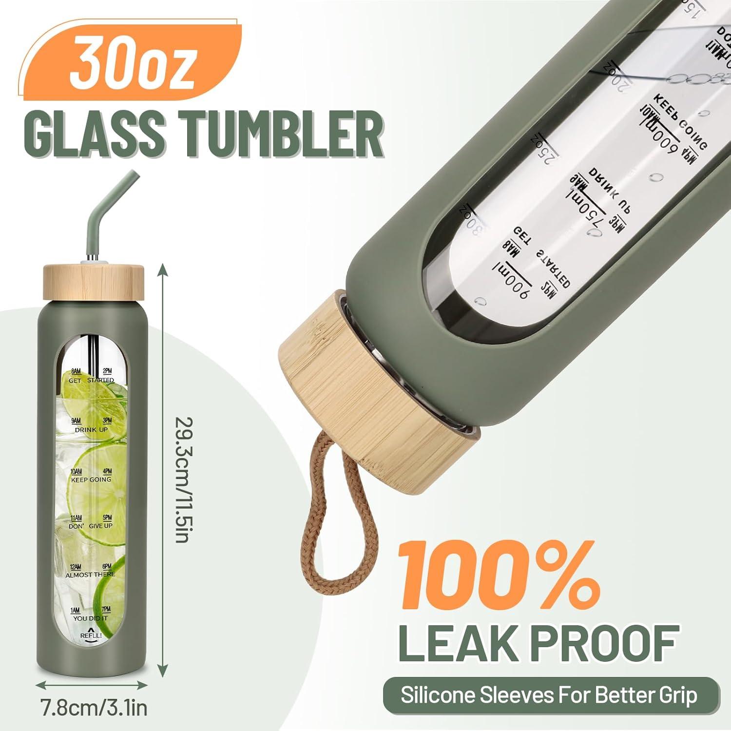 image:image1000ml Bouteille Deau en Verre avec 2 Couvercles en BambouGourde en Verre HermtiqueMotivation Bouteille avec Marqueur de Temps et Protecteur en Silicone pour SportCampingVoyage Sans BPA
