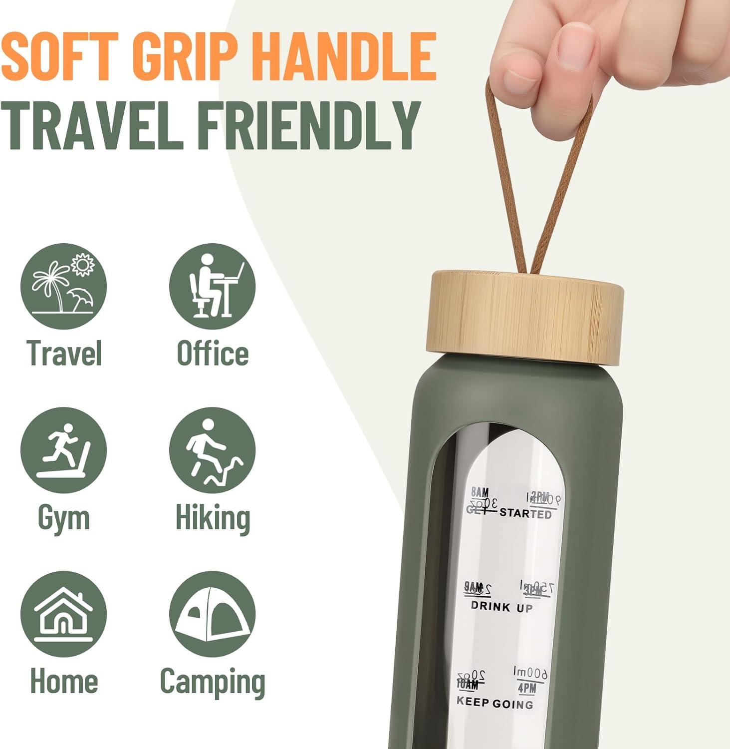 image:image1000ml Bouteille Deau en Verre avec 2 Couvercles en BambouGourde en Verre HermtiqueMotivation Bouteille avec Marqueur de Temps et Protecteur en Silicone pour SportCampingVoyage Sans BPA