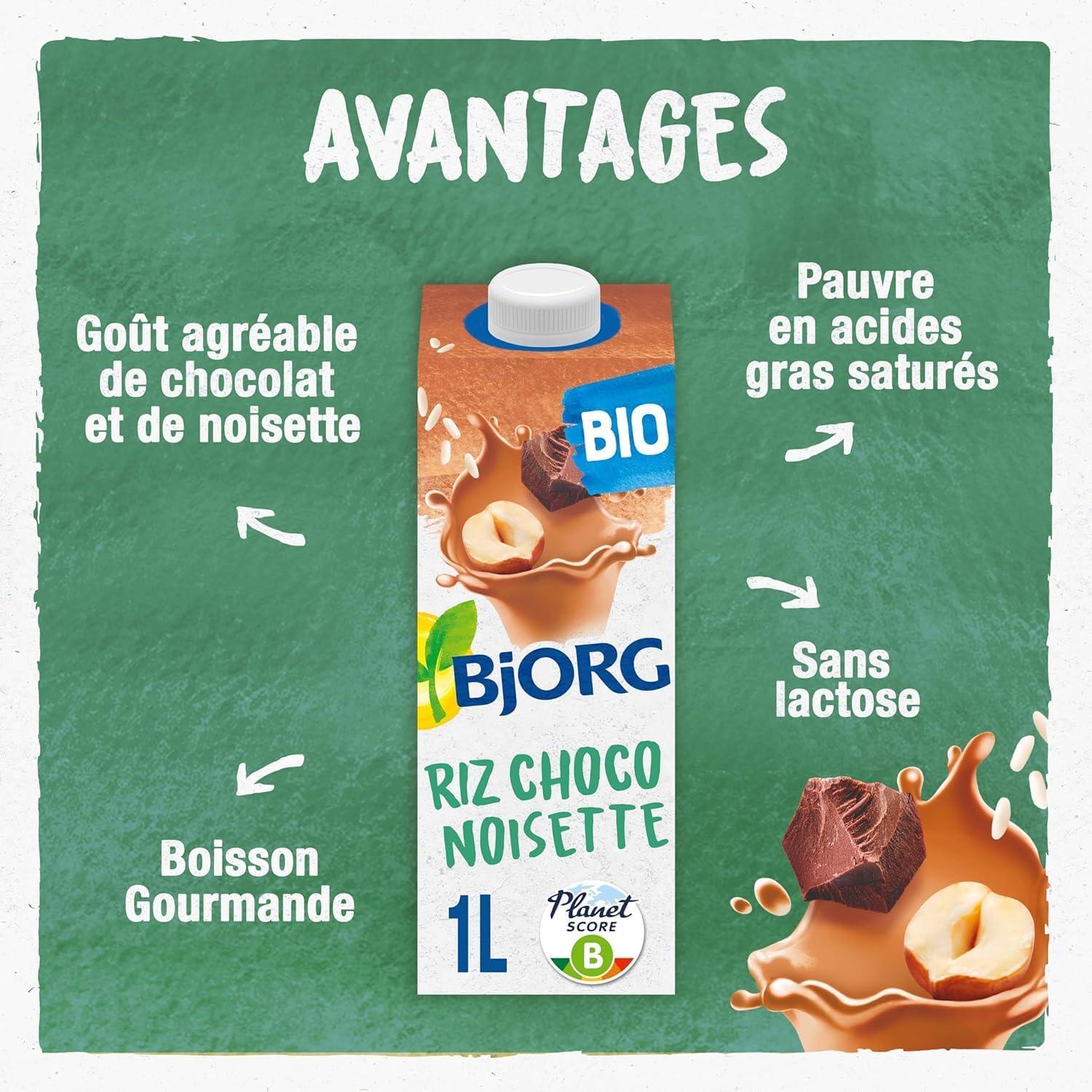 image:imageBJORG Boisson Riz Sans Sucres Boisson Vgtale Bio Pauvre en Acides Gras Saturs Boire et Cuisiner PetitDjeuner Et Goter 1 LChocolatNoisette 2 x 1 L