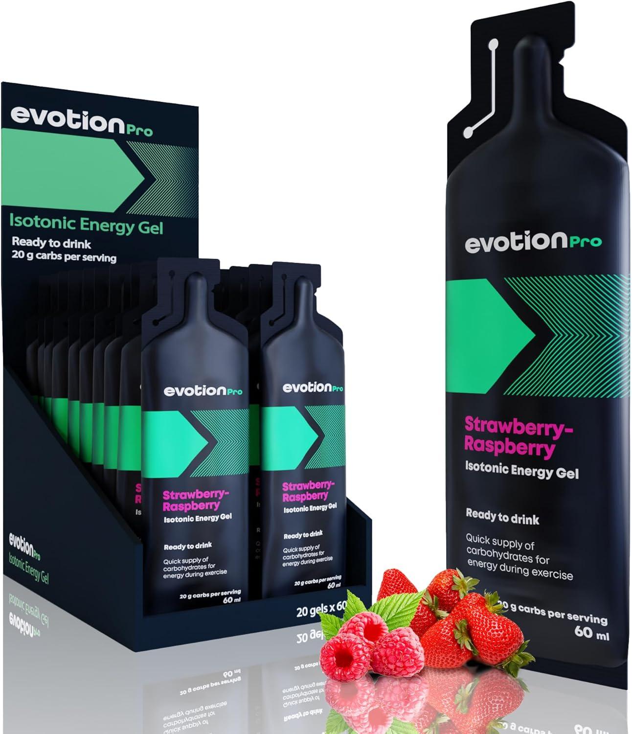 image:imageEVOTION PRO Gel Energetique Isotonique Lot de 5 60ml Dhydratation adquat Activer votre Esprit et vos Muscles Gel Base de Maltodextrine Vegane Fruit de BoisFraise et Framboise