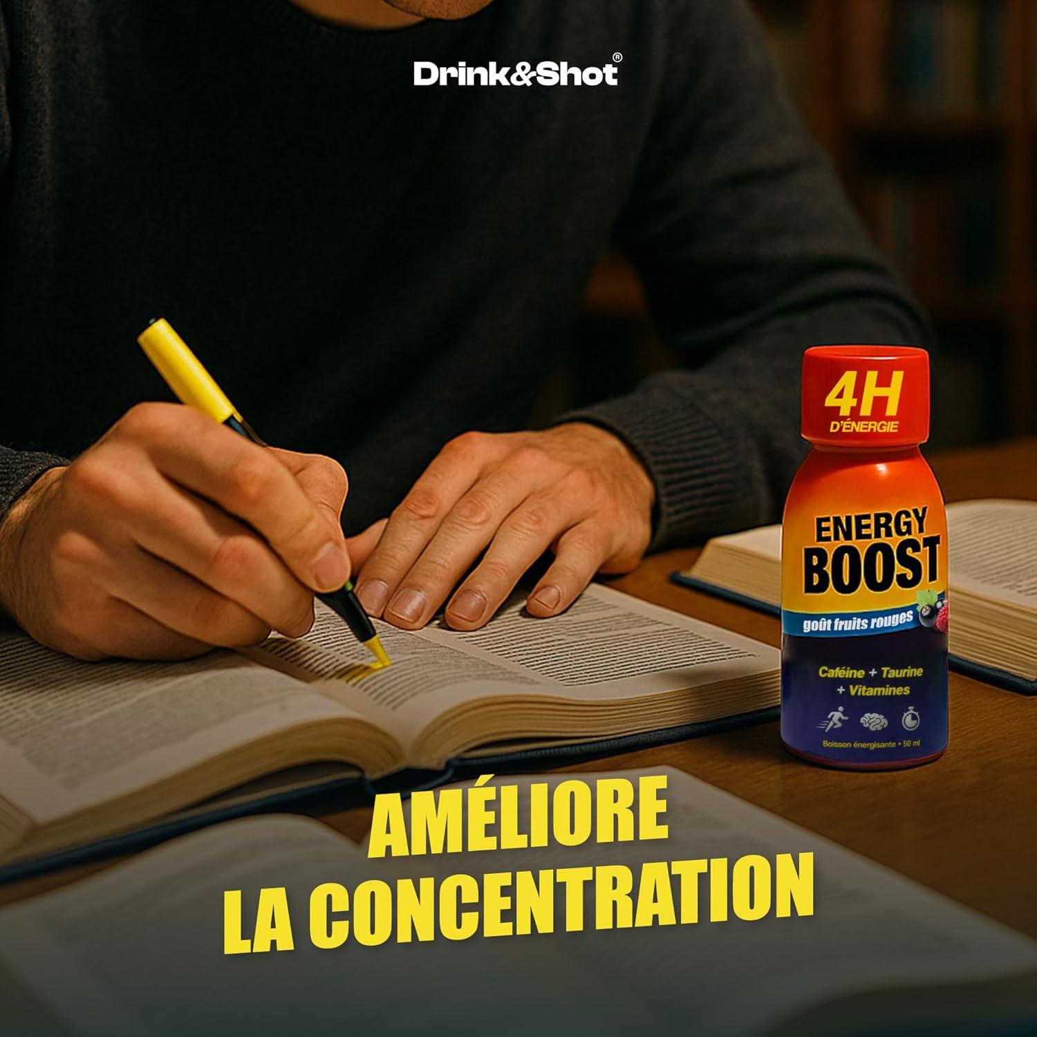 image:imageEnergy Boost DRINKampSHOT Shot nergisant 50ml x12 Boisson Sans Sucres Got fruits rouges Concentr taurine cafine vitamines B Made in FrancePack de 12