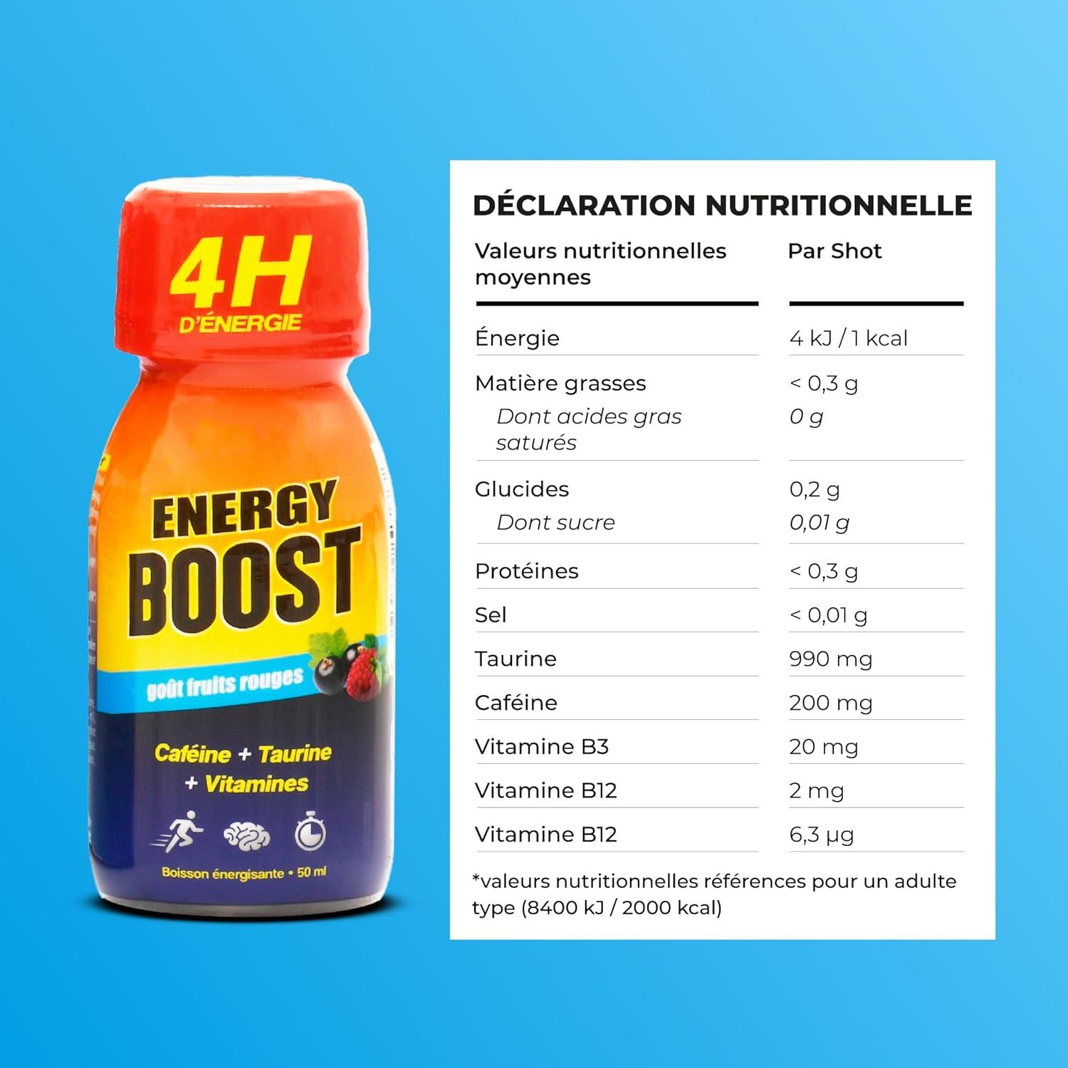 image:imageEnergy Boost DRINKampSHOT Shot nergisant 50ml x12 Boisson Sans Sucres Got fruits rouges Concentr taurine cafine vitamines B Made in FrancePack de 12