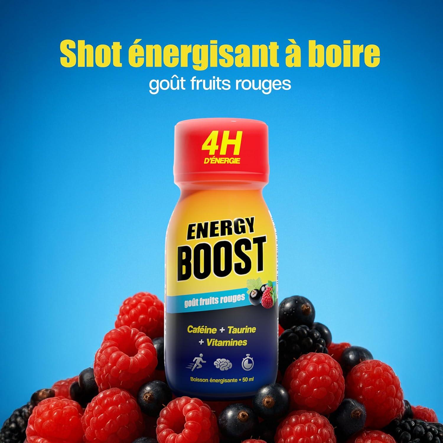 image:imageEnergy Boost DRINKampSHOT Shot nergisant 50ml x12 Boisson Sans Sucres Got fruits rouges Concentr taurine cafine vitamines B Made in FrancePack de 12
