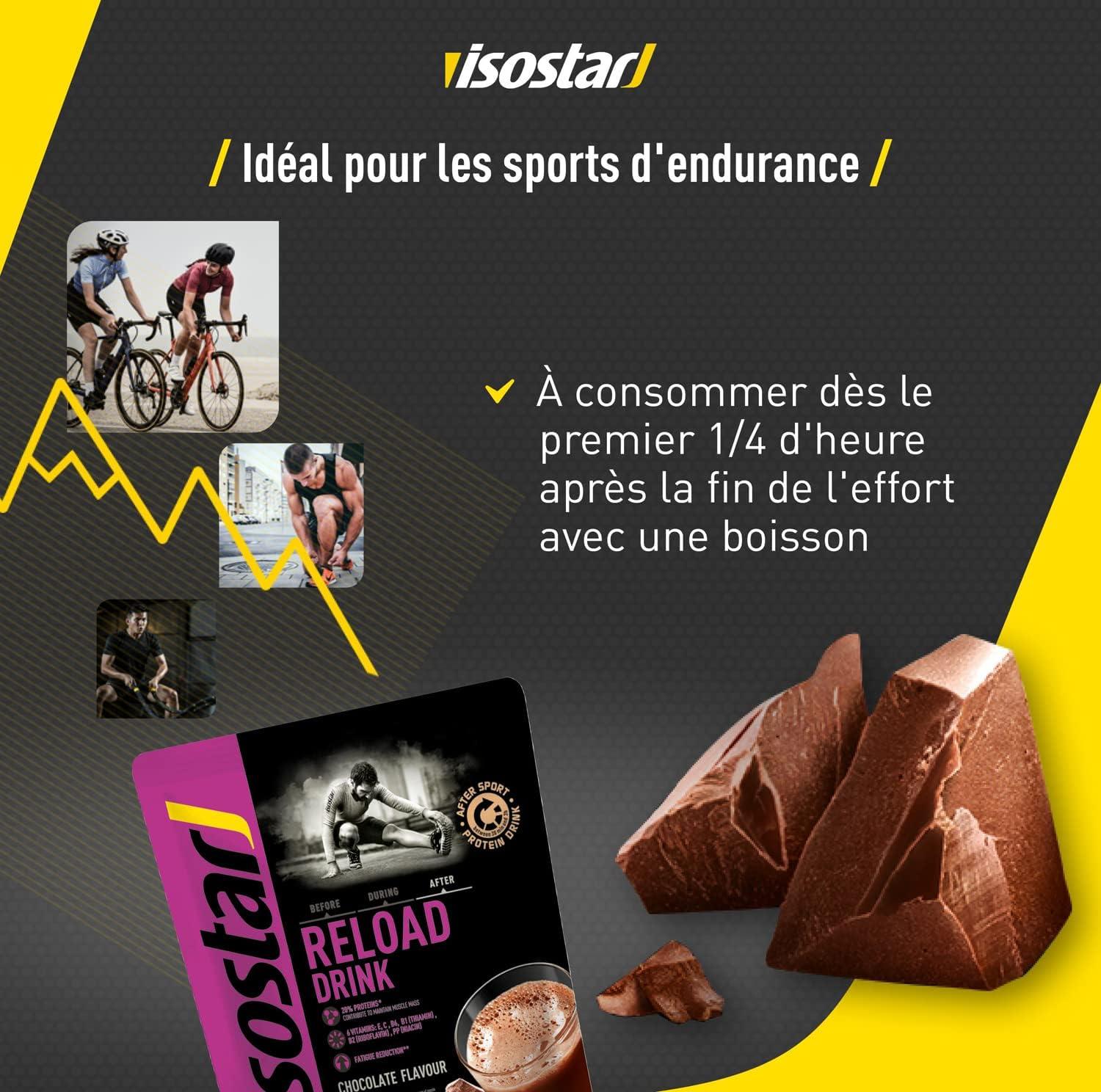 image:imageISOSTAR Reload Drink Chocolat Poudre Pour Boisson de Rcupration Protine Aprs Sport Source de Glucides Calcium Magnsium Vitamines 1 Sachet Refermable 450 g