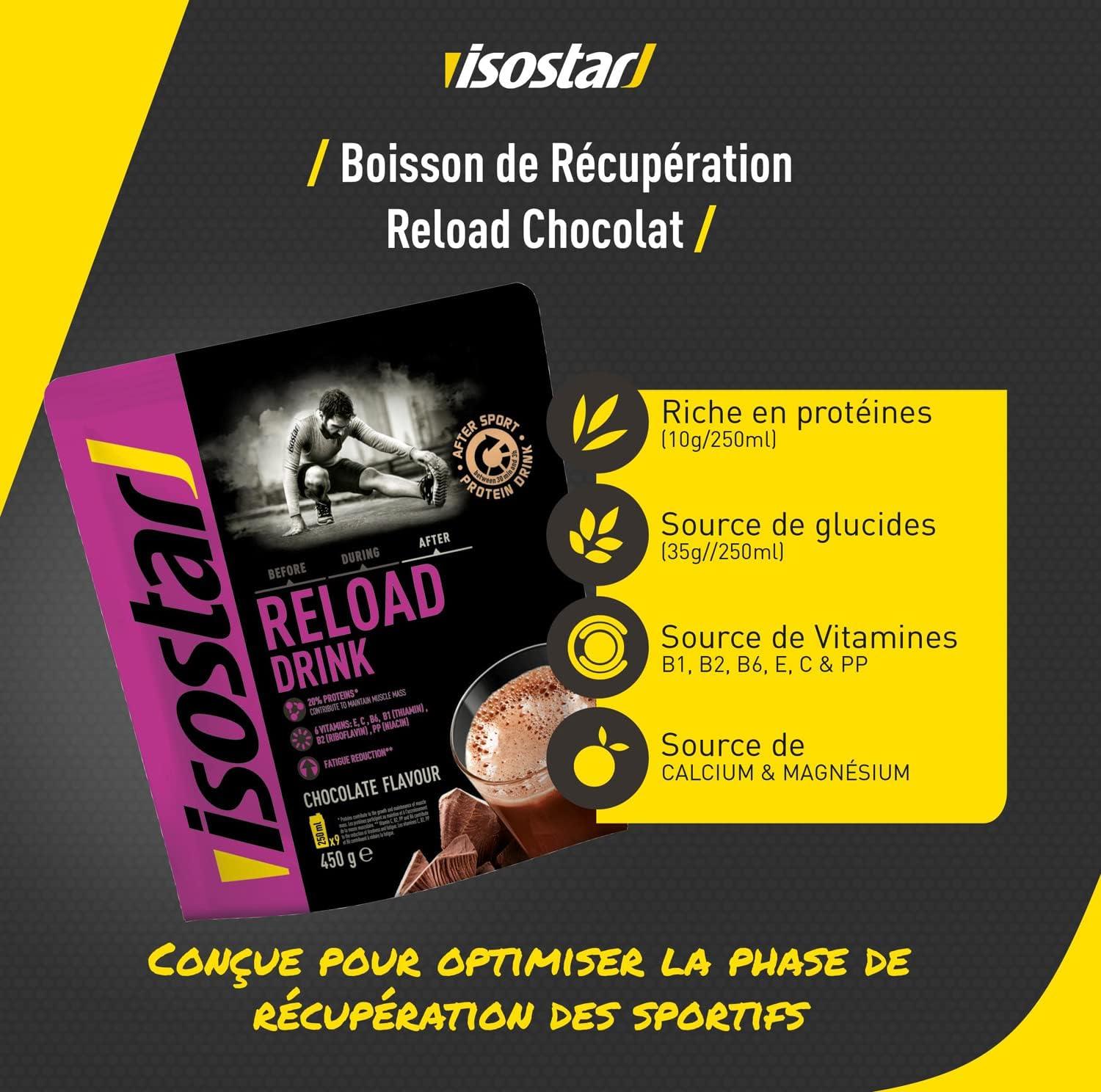 image:imageISOSTAR Reload Drink Chocolat Poudre Pour Boisson de Rcupration Protine Aprs Sport Source de Glucides Calcium Magnsium Vitamines 1 Sachet Refermable 450 g