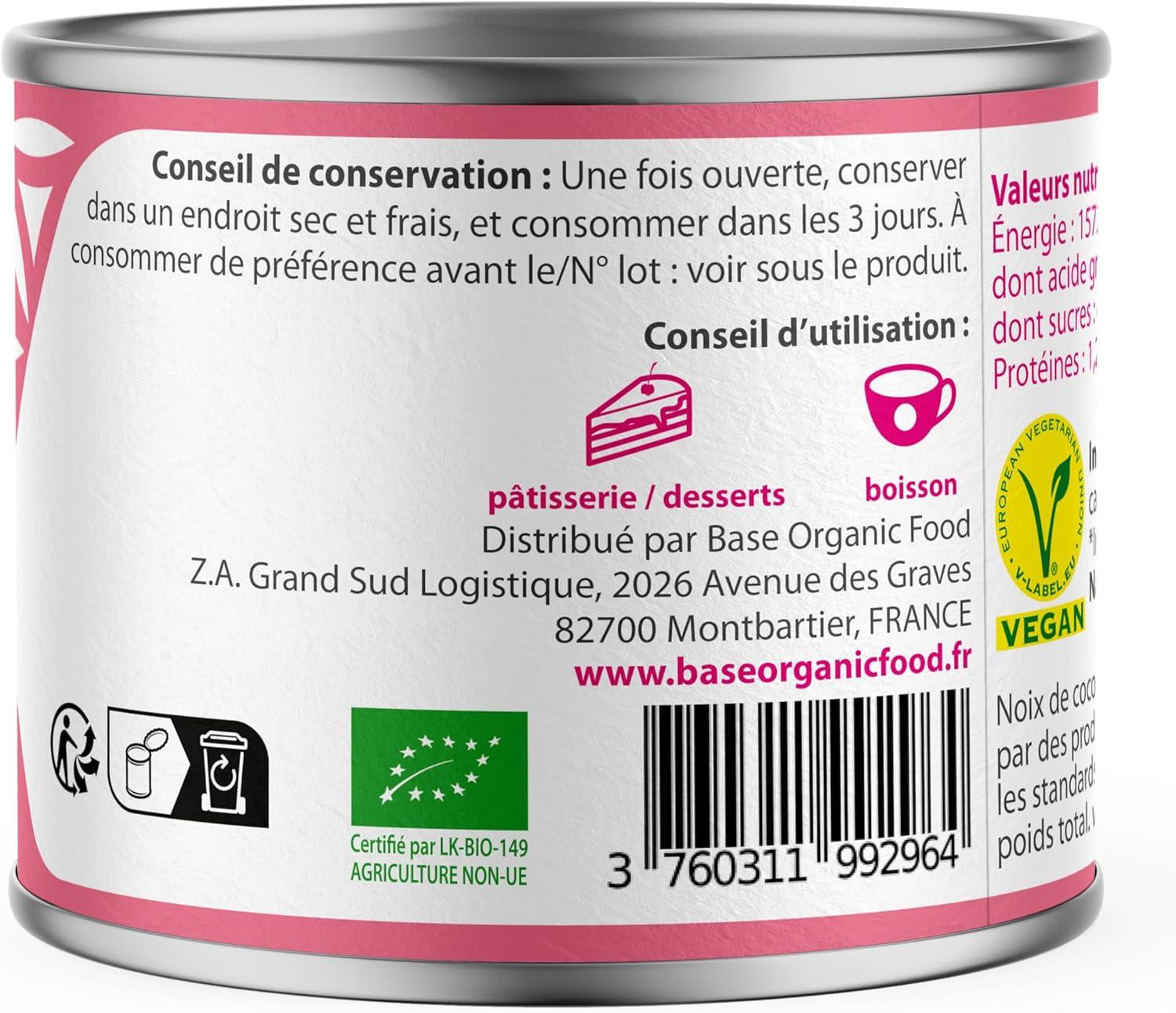 image:imageLait de Coco BIO Concentr Sucr 210g Vegan Sans Additifs Sans Lactose Equitable Recette sucre Ptisserie Dessert Boisson Chaude Sans BPA BASE ORGANIC FOOD Lot de 4210 ml Lot de 1